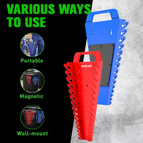 Set of four SWANLAKE magnetic wrench organisers with 15 slots each in red and blue, heavy-duty holders with strong magnets for wall or toolbox use