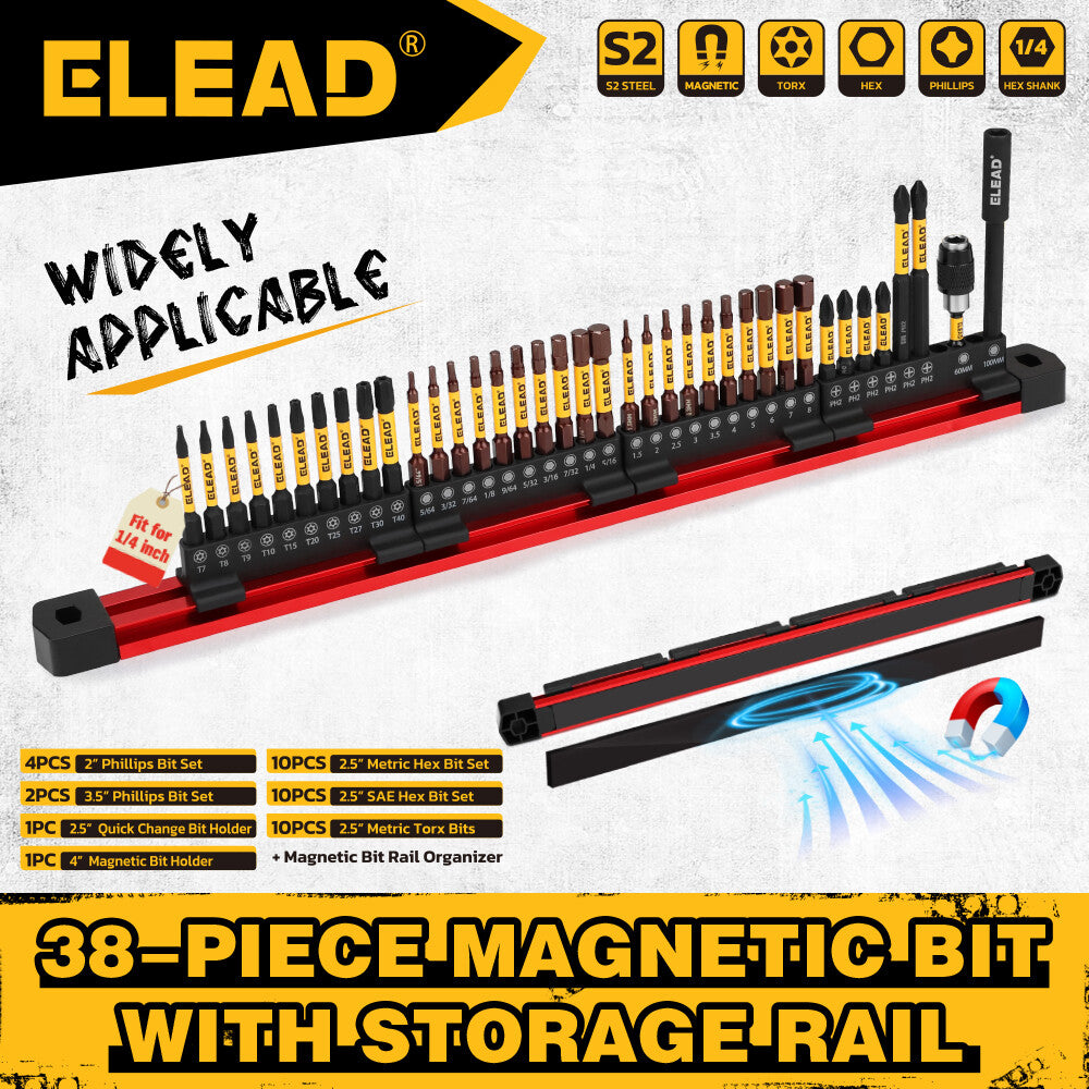 ELEAD 38-piece magnetic screwdriver bit set with storage rail and S2 steel bits