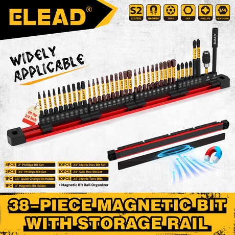 ELEAD 38-piece magnetic screwdriver bit set with storage rail and S2 steel bits