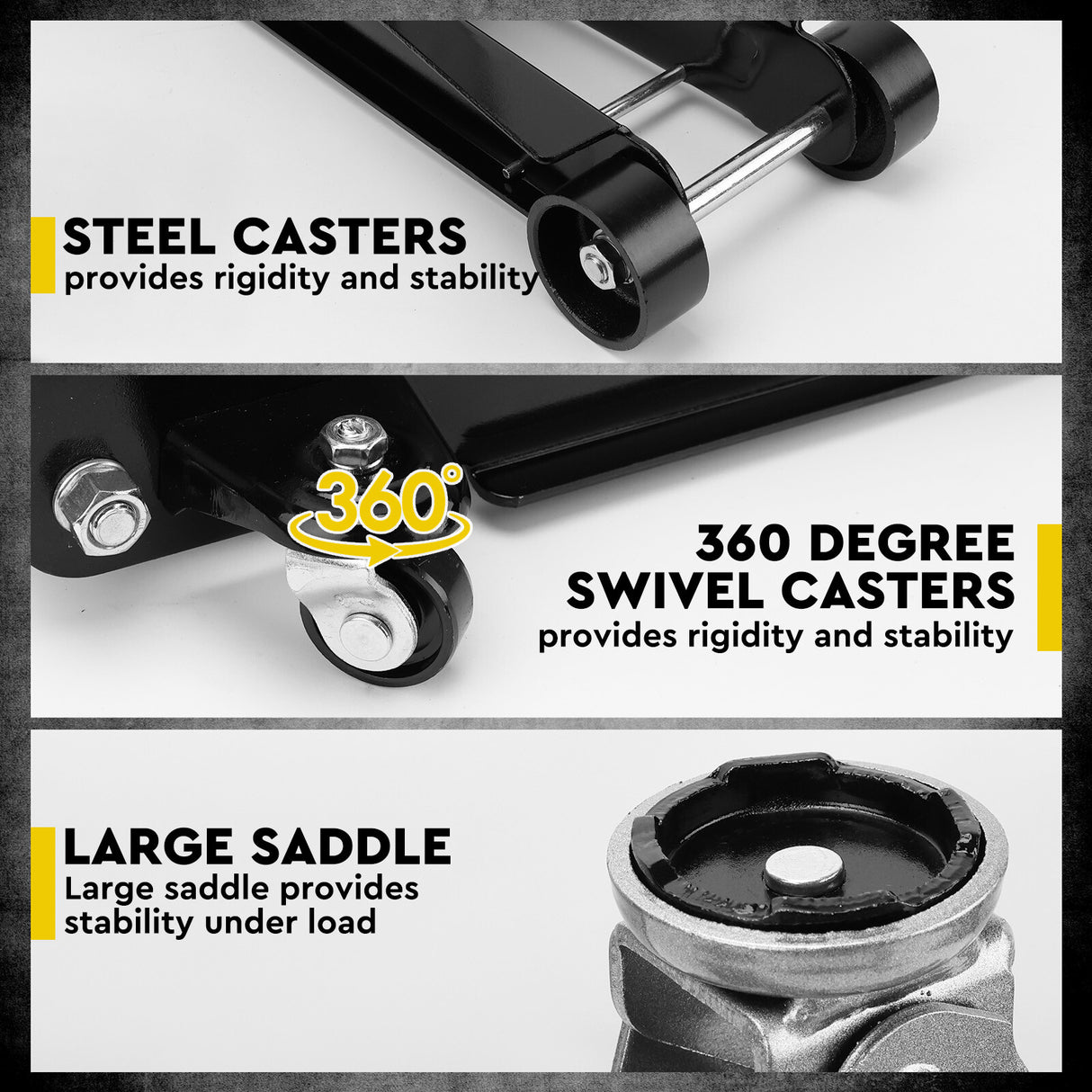 HORUSDY 2.5-ton hydraulic floor trolley jack with steel casters, large saddle, wide lift range, and carry handle for car repair and tyre replacement.