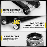 HORUSDY 2.5-ton hydraulic floor trolley jack with steel casters, large saddle, wide lift range, and carry handle for car repair and tyre replacement.