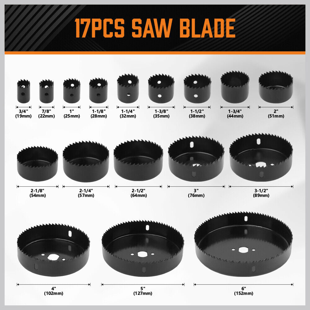 Horsdsy 24-piece hole saw kit with high carbon steel blades, including various sizes for wood, drywall, and PVC cutting, stored in a durable carrying case.