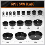 Horsdsy 24-piece hole saw kit with high carbon steel blades, including various sizes for wood, drywall, and PVC cutting, stored in a durable carrying case.