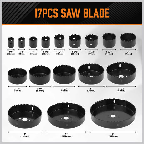 Horsdsy 24-piece hole saw kit with high carbon steel blades, including various sizes for wood, drywall, and PVC cutting, stored in a durable carrying case.