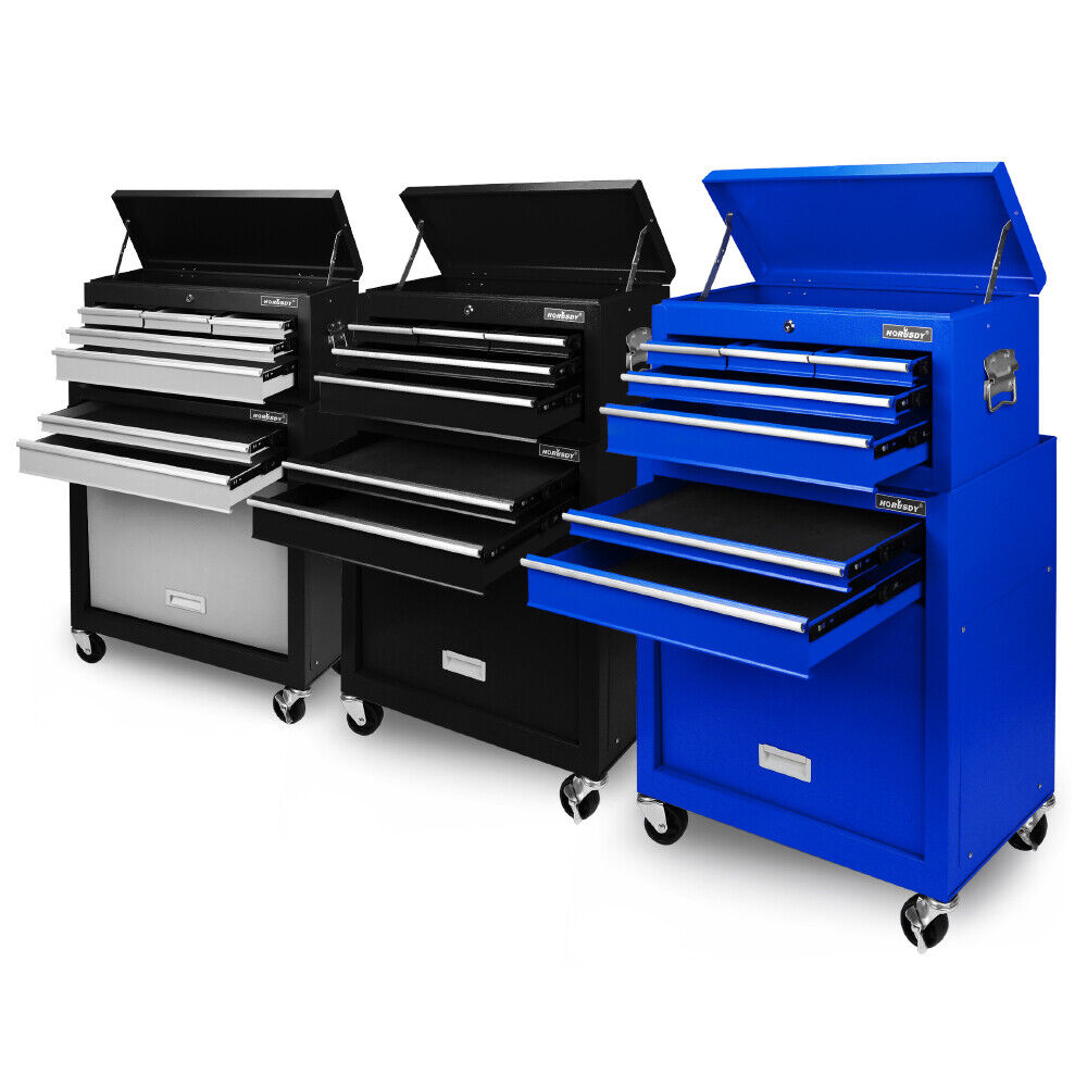 Heavy duty 7-drawer tool box chest with lockable storage cabinet in black, blue, and grey options