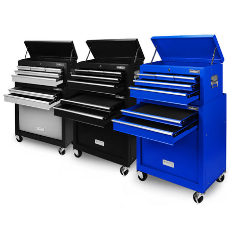 Heavy duty 7-drawer tool box chest with lockable storage cabinet in black, blue, and grey options