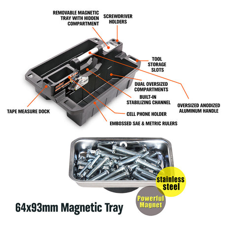 Portable tool storage box with magnetic tray and multiple compartments for organizing tools, screws, and fasteners, ideal for automotive and home use.