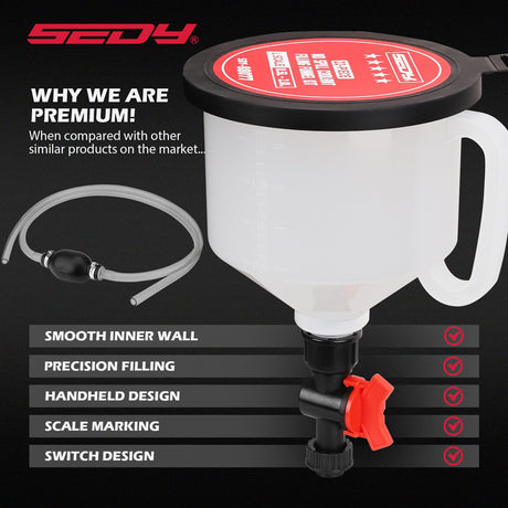 Non-spill coolant filling funnel kit with universal adapters, siphon hose pump, and precise filling features, designed for automotive and machinery use.