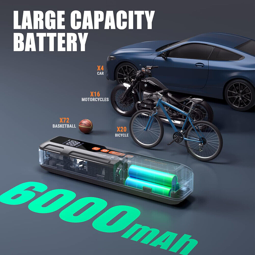 Portable digital tire inflator from HORUSDY with LED display, 6000mAh rechargeable battery, suitable for cars, motorcycles, bicycles, and sports balls.