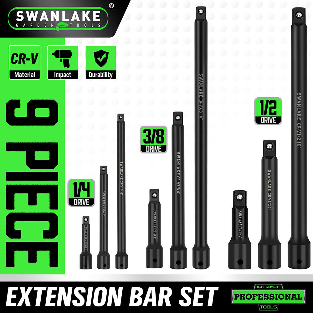 SWANLAKE 9Pcs Extension Bar Set 1/4" 3/8" 1/2" Black Drive Socket Automotive Tools