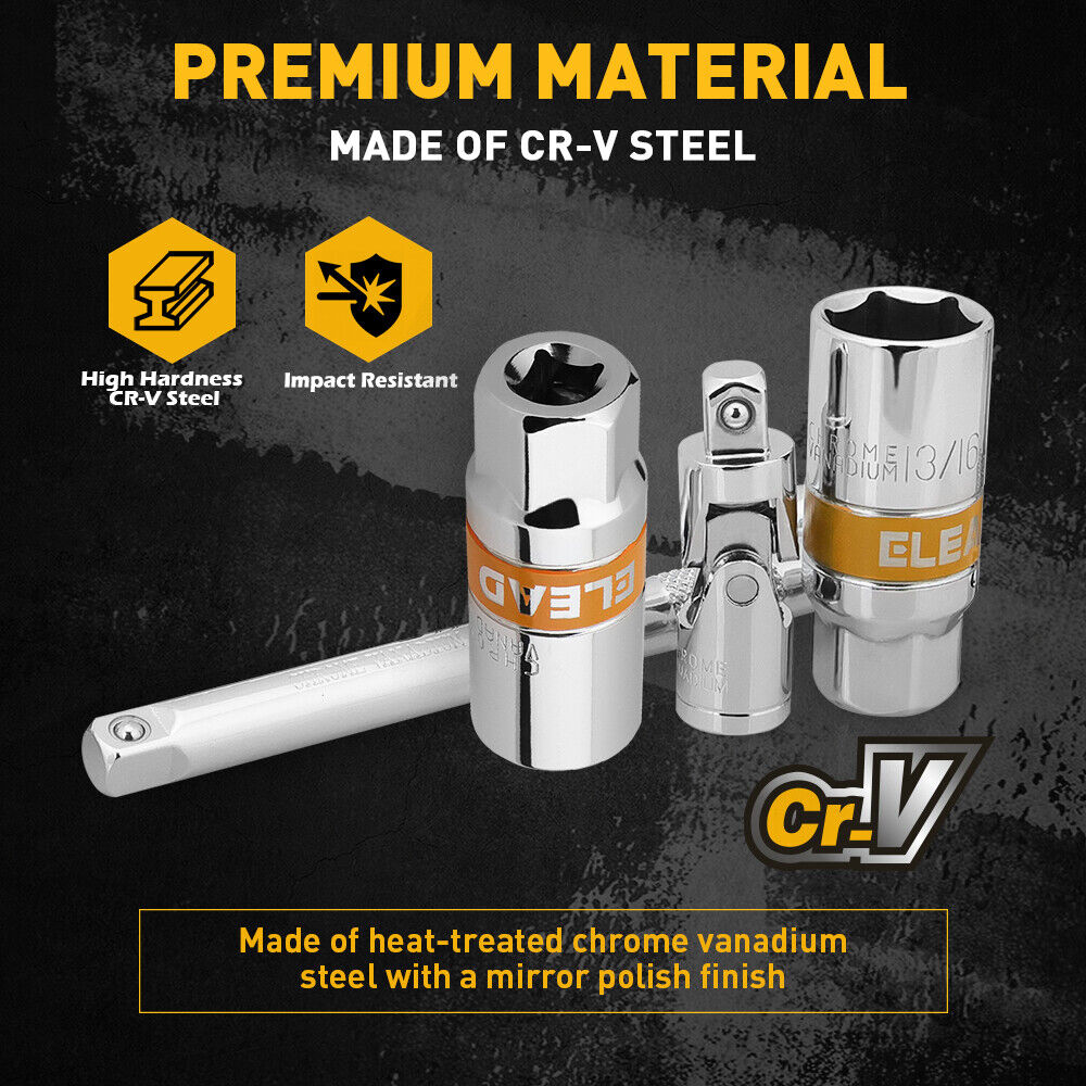 8-piece 3/8" drive socket accessory set with CR-V steel, 6-point design, includes spark plug gapper, extension bar, and universal joint for versatile use.