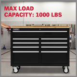 Heavy-duty HORUSDY tool chest cabinet with 42/46-inch width, 8/9 spacious drawers, wooden worktop, and lockable wheels for organized and mobile tool storage