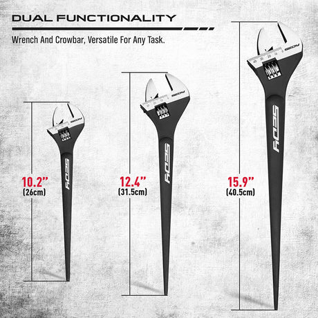 13-piece adjustable wrench set with heavy-duty Cr-V steel, laser-etched scale, rust-resistant finish, and crowbar design.