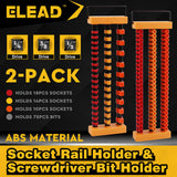 The HORUSDY 2-Pack Socket Rail and Screwdriver Bit Holder Set is made from durable ABS material, designed to hold 75 bits and 42 sockets. Suitable for organizing 1/4", 3/8", and 1/2" drive tools. Features spring-loaded ball bearings for secure socket storage and easy portability for workshops and garages.