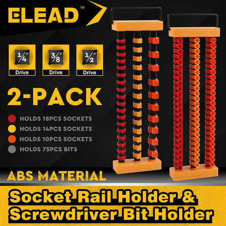 The HORUSDY 2-Pack Socket Rail and Screwdriver Bit Holder Set is made from durable ABS material, designed to hold 75 bits and 42 sockets. Suitable for organizing 1/4", 3/8", and 1/2" drive tools. Features spring-loaded ball bearings for secure socket storage and easy portability for workshops and garages.
