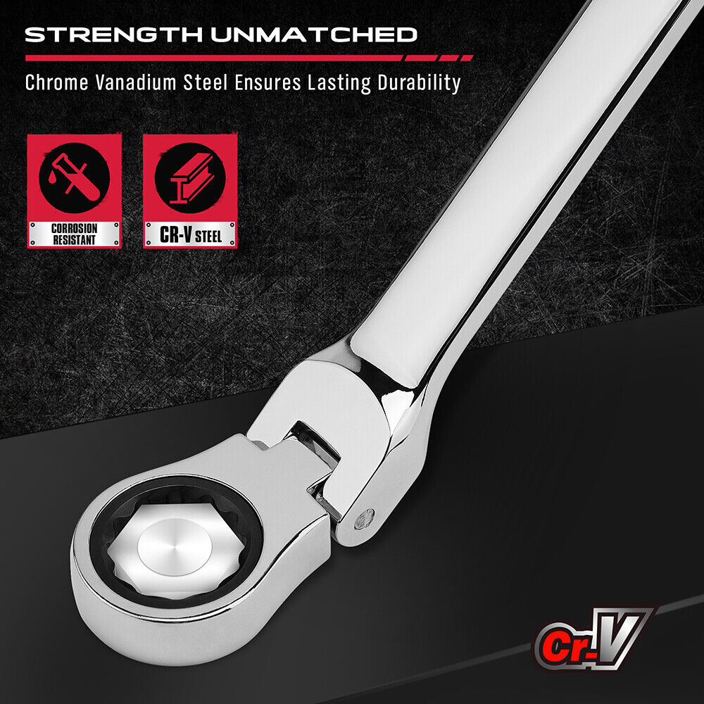 Extra long flex-head ratcheting spanner set with chrome vanadium steel construction, showcasing 180-degree rotating heads and multiple size options from 8mm to 19mm.