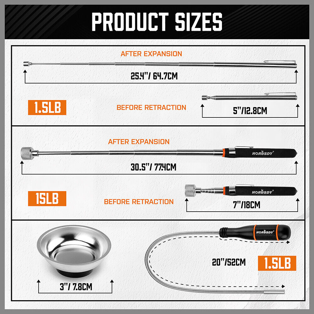 HORUSDY 4Pcs Telescoping Magnet Pick Up Tool Set Magnet Bowls Nuts Bolts Screws