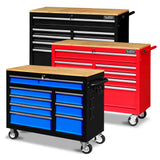 Heavy-duty HORUSDY tool chest cabinet with 42/46-inch width, 8/9 spacious drawers, wooden worktop, and lockable wheels for organized and mobile tool storage