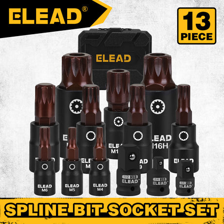 ELEAD 13-Piece Spline Bit Socket Set with S2 Alloy Steel and CR-V, Includes 3 Adapters for Versatile Applications