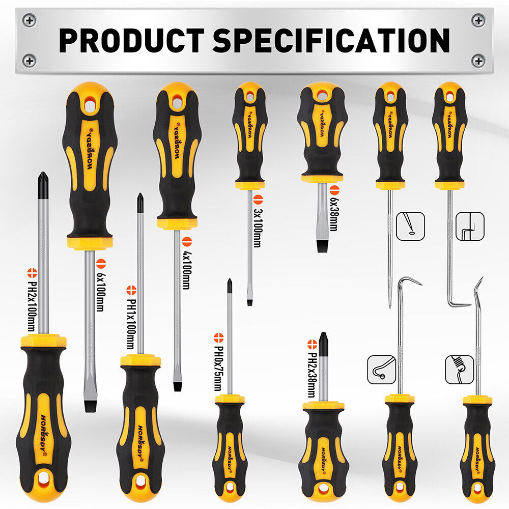 HORUSDY 13Pcs Magnetic Screwdriver Set Phillips Flat Head Tips Automotive Hook
