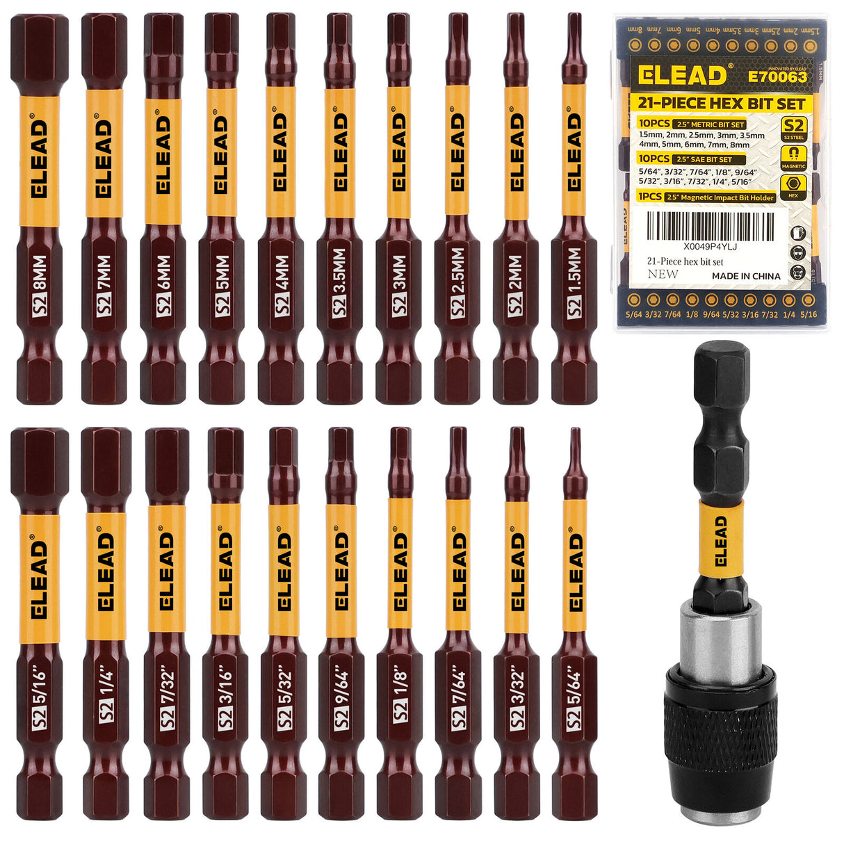 ELEAD 21-piece hex bit set with magnetic tips, made from durable S2 alloy steel for impact resistance and precision in heavy-duty applications.