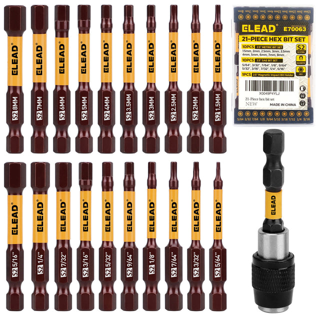 ELEAD 21-piece hex bit set with magnetic tips, made from durable S2 alloy steel for impact resistance and precision in heavy-duty applications.
