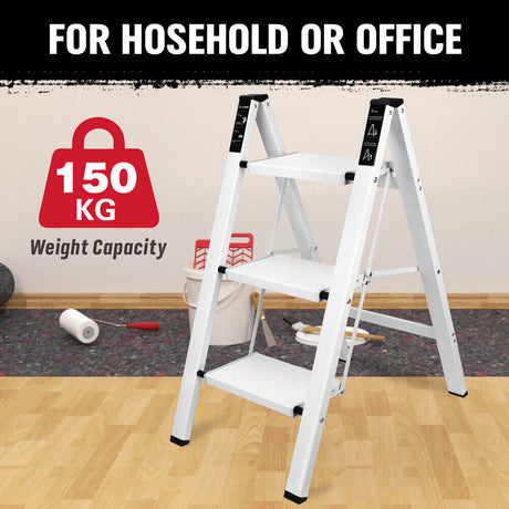 Folding step ladder with 2-step and 3-step options, featuring a compact, space-saving design, non-slip steps, and a 150kg weight capacity, ideal for home and office applications