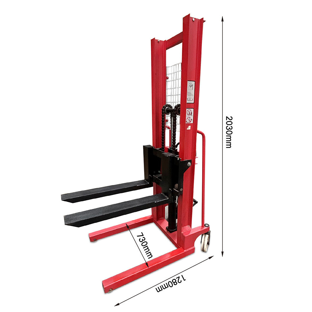  Manual hydraulic stacker lift truck with a 2000kg capacity and 1.6m lifting height, ideal for warehouse and industrial lifting tasks.