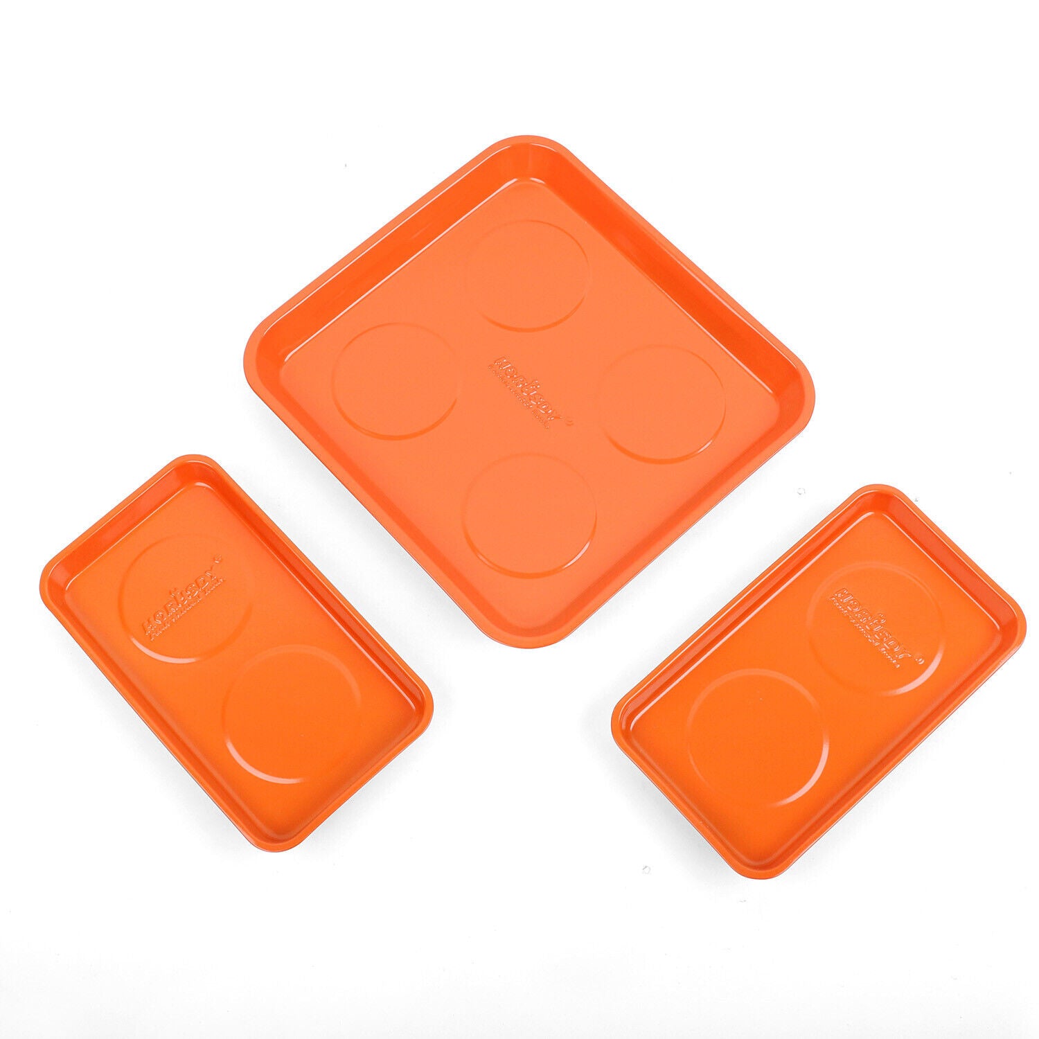 Horusdy 3-piece magnetic parts tray set in orange, stainless steel, strong neodymium magnets for secure tool storage