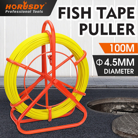 100M fiberglass fish tape puller from HORUSDY for electrical cable installation. Durable ABS casing, non-conductive material, and excellent flexibility for easy maneuverability. Ideal for conduit work and long-distance cable pulling with a stabilised triangular base for steady use.