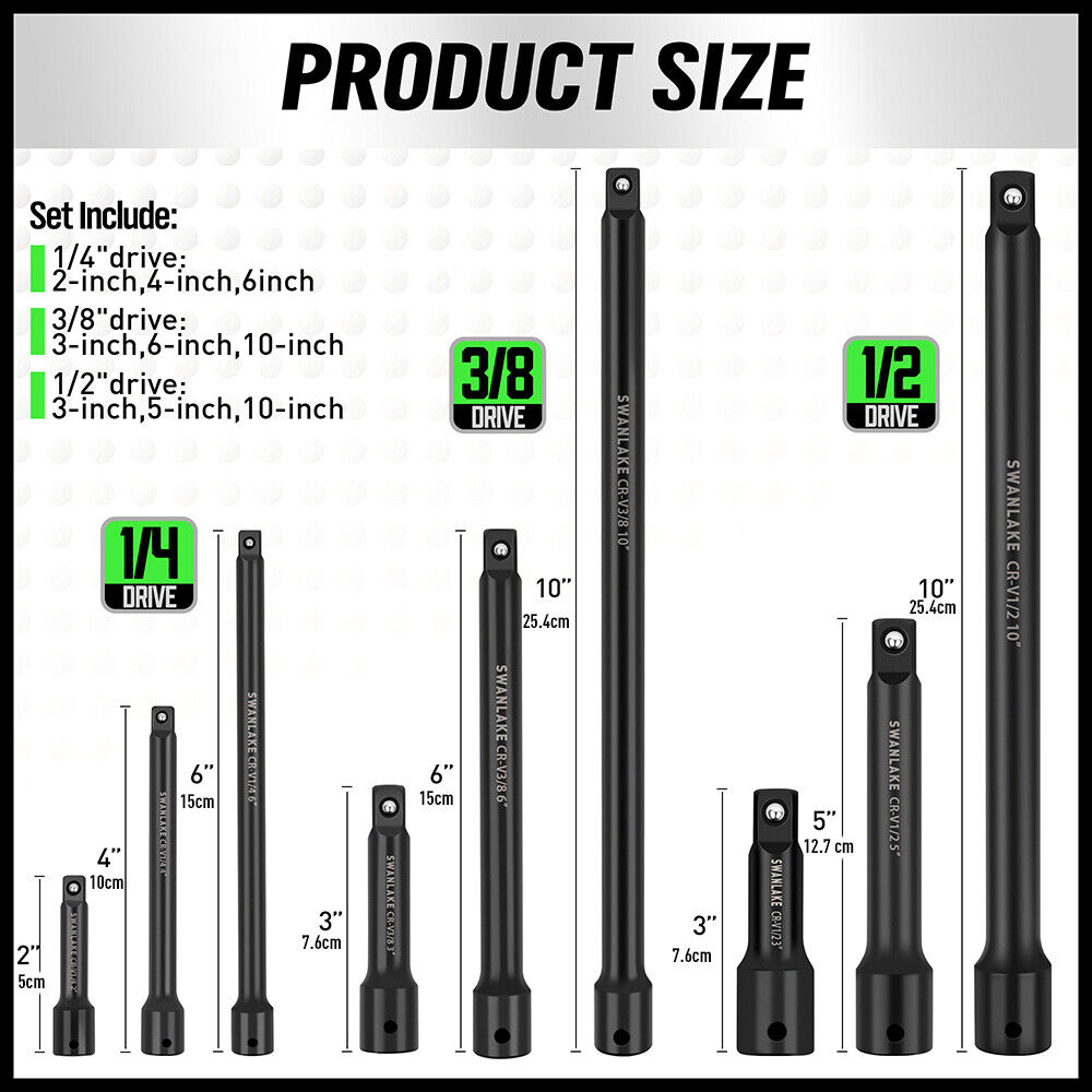 SWANLAKE 9Pcs Extension Bar Set 1/4" 3/8" 1/2" Black Drive Socket Automotive Tools