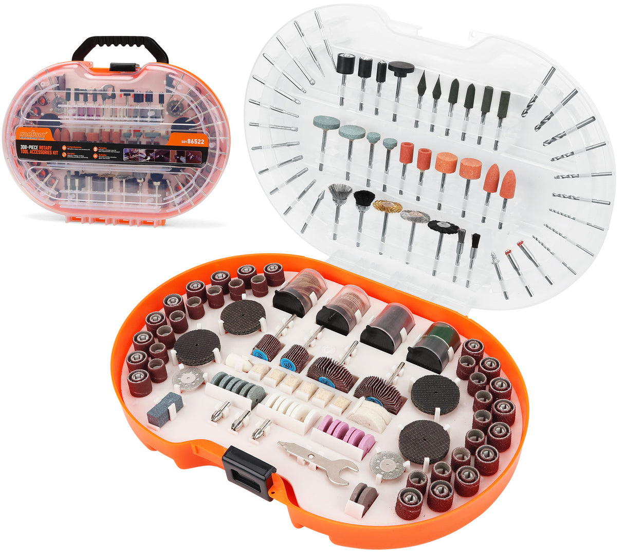 HORUSDY 308-piece rotary accessories kit compatible with Dremel tools, includes sanding, grinding, polishing, and cutting tools with organised storage case.