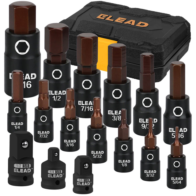 ELEAD 16-piece hex bit socket set with S2 alloy steel bits and CR-V steel sockets, perfect for automotive and industrial tasks.