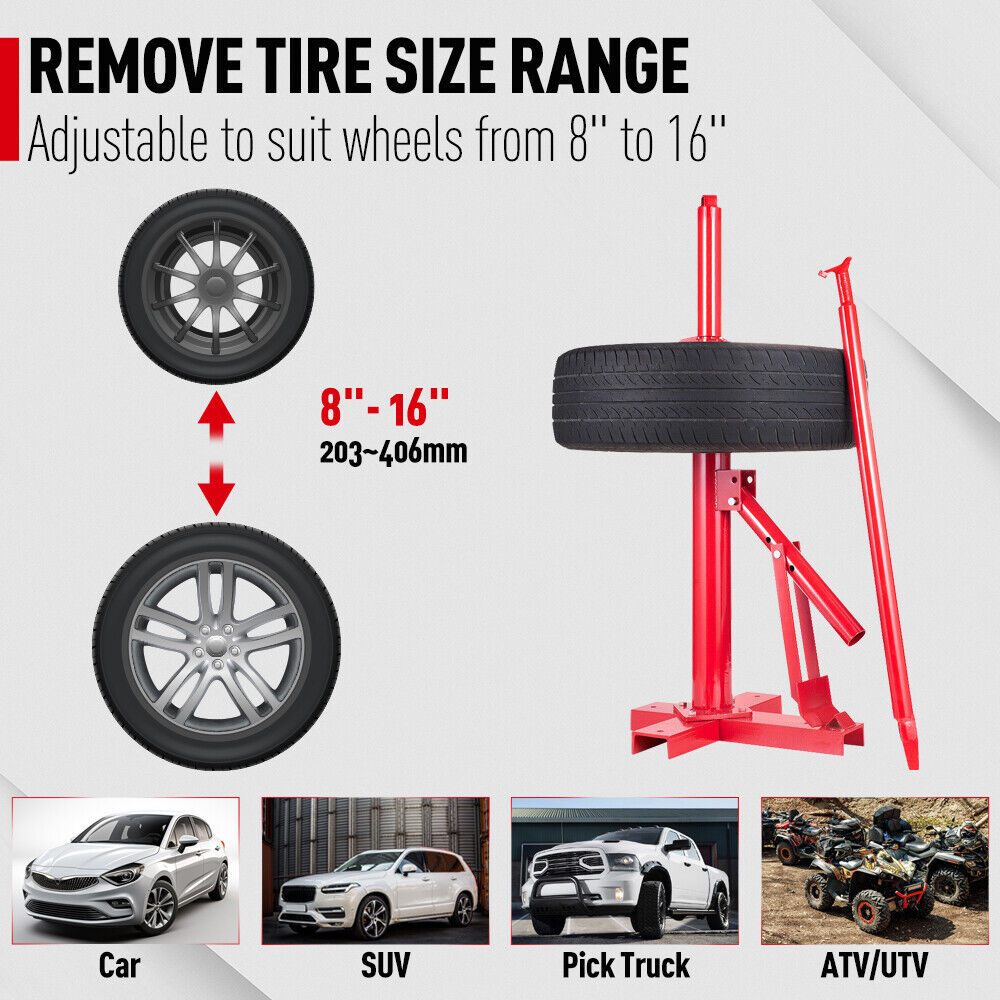 Portable manual tire changer bead breaker tool for cars, trucks, and motorcycles, featuring a durable red steel frame for easy tire removal and installation.