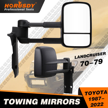 Manual fold extendable tow mirrors for Toyota Land Cruiser 70-79 series (1984-2022), dual glass with black textured finish