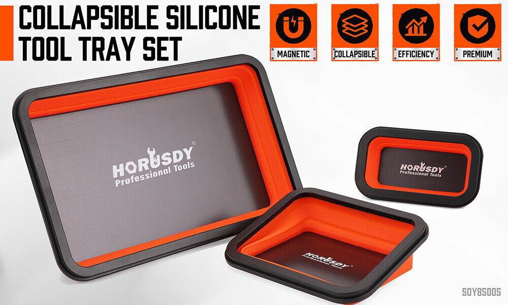  Orange and black HORUSDY magnetic parts tray set in three sizes for tool organization and storage.