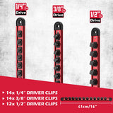 Magnetic socket organizer set with detachable trays for 1/4", 3/8", and 1/2" drive sockets. Ideal for garage tool organization.