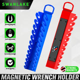 SWANLAKE magnetic wrench organiser with 12 slots and rare-earth magnets, heavy-duty holders for SAE and metric wrenches in red and blue for wall or toolbox mounting