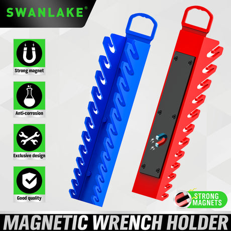 SWANLAKE magnetic wrench organiser with 12 slots and rare-earth magnets, heavy-duty holders for SAE and metric wrenches in red and blue for wall or toolbox mounting