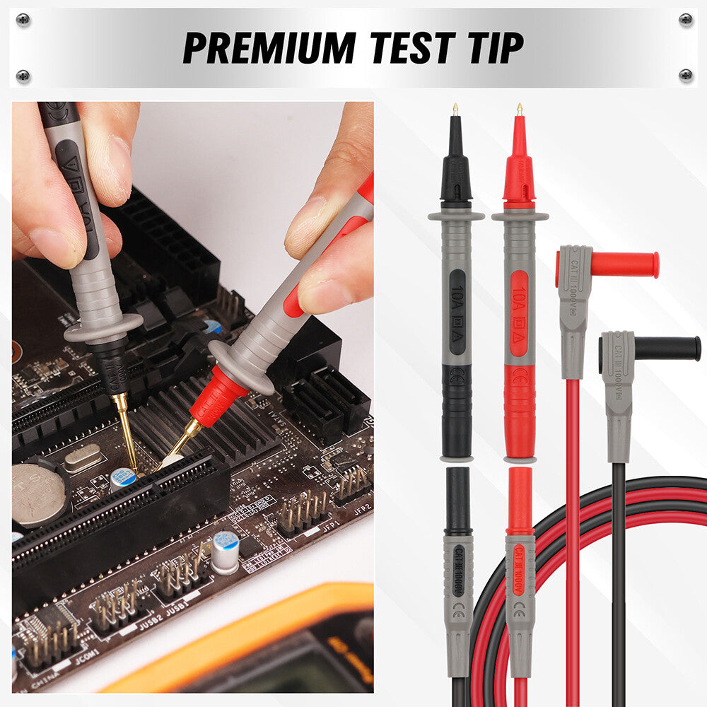 SWANLAKE 27-piece multimeter test lead kit with high-temp silicone wires, alligator clips, replaceable gold probes, and complete electronic diagnostic accessories.