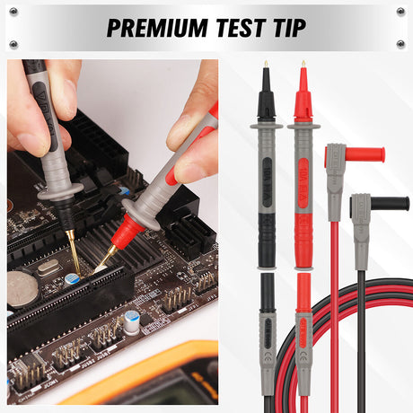 SWANLAKE 27-piece multimeter test lead kit with high-temp silicone wires, alligator clips, replaceable gold probes, and complete electronic diagnostic accessories.