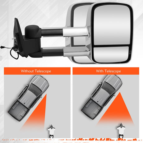 HORUSDY Power-Heated Telescoping Chrome Towing Mirrors with Adjustable Convex Lens for Pickup Trucks