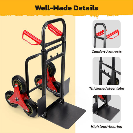 Folding stair climber hand truck with 440 lbs capacity, featuring tri-wheel design, adjustable height, and foldable frame for easy transport.