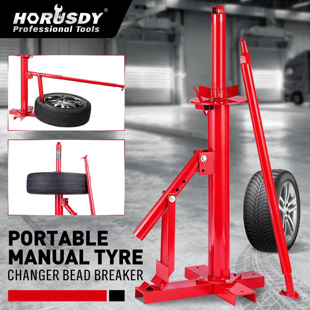 Portable manual tire changer bead breaker tool for cars, trucks, and motorcycles, featuring a durable red steel frame for easy tire removal and installation.