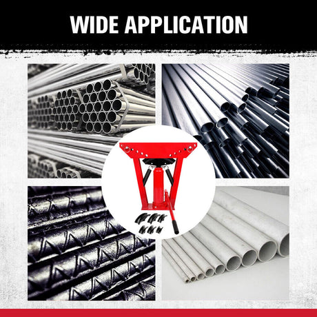 12-ton hydraulic pipe bender with 6-piece die set for precision 90-180 degree bending of steel, aluminum, and copper pipes, ideal for professional metalworking.