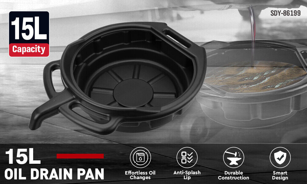 SEDY 15L Oil Change Pan Black with Portable Handle and Anti-Spill Design