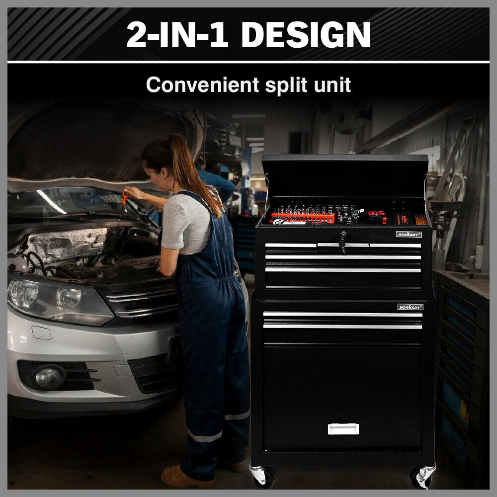 Heavy duty 7-drawer tool box chest with lockable storage cabinet in black, blue, and grey options