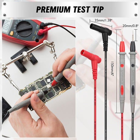 Multimeter test leads set with probes, alligator clips, and tweezers for precise electrical testing and circuit diagnostics.