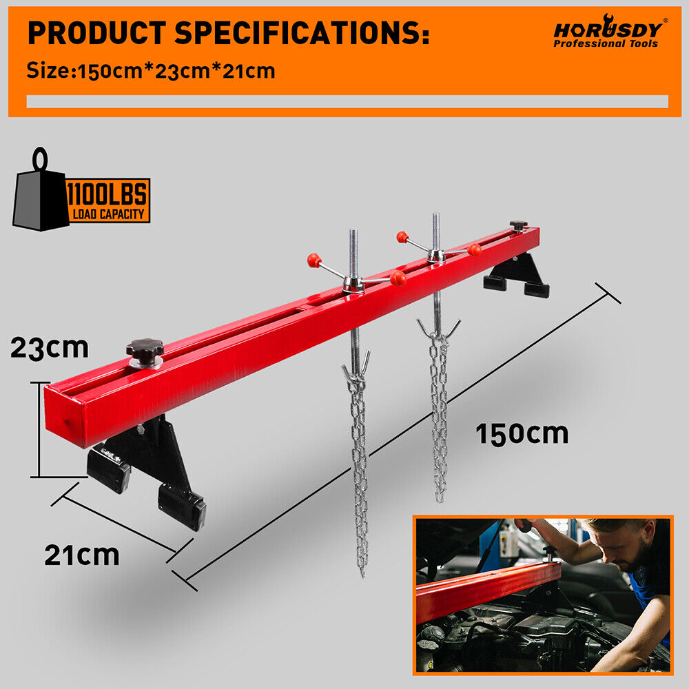 Adjustable engine support bar transverse hoist with dual steel beams and 1100LBS load capacity