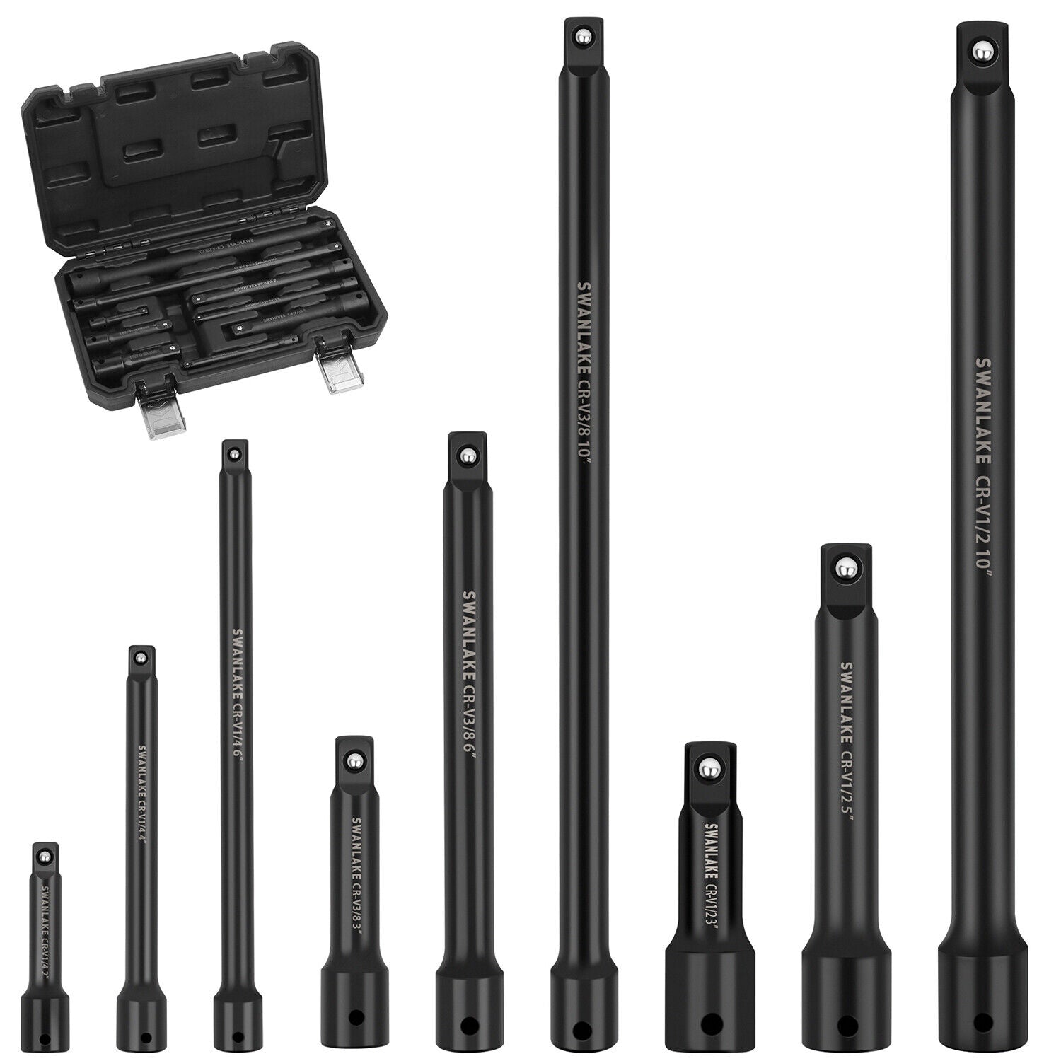 SWANLAKE 9Pcs Extension Bar Set 1/4" 3/8" 1/2" Black Drive Socket Automotive Tools